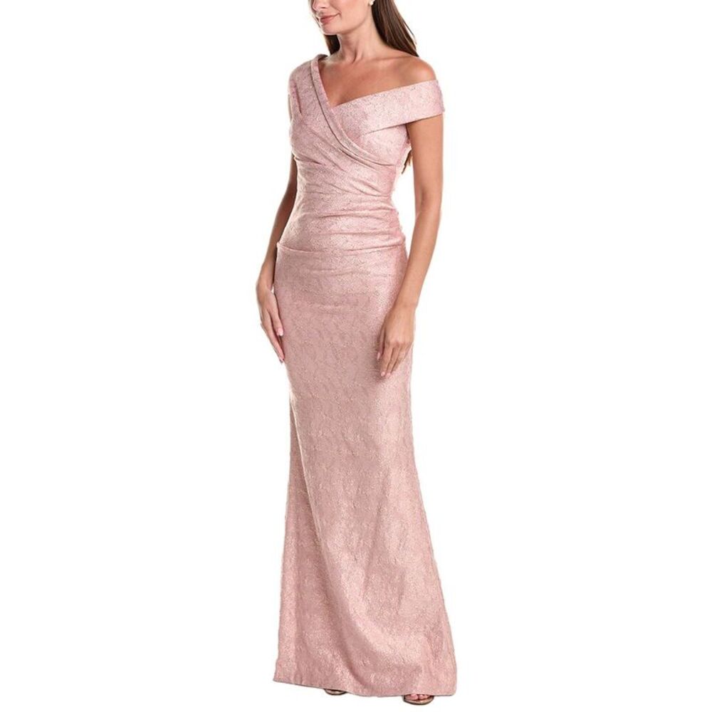 Teri Jon By Rickie Freeman Womens  Metallic Jacquard Off-Shoulder Pleated Gown,